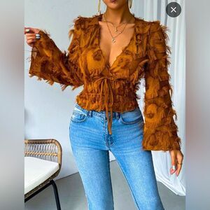 SHEIN Brown Fringed V-Neck Top
